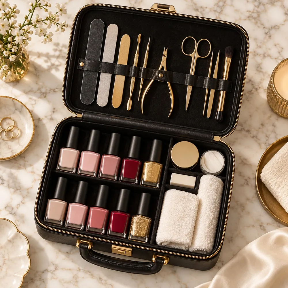 An open black and gold manicure case with tools and polishes