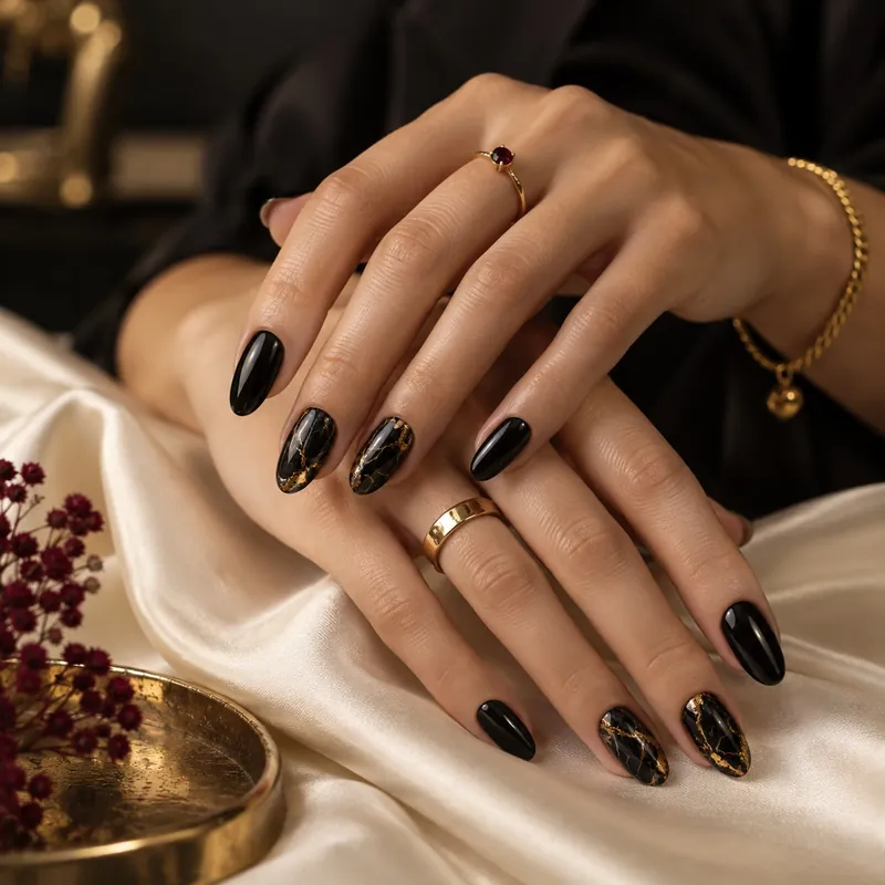 Black & gold marble nails