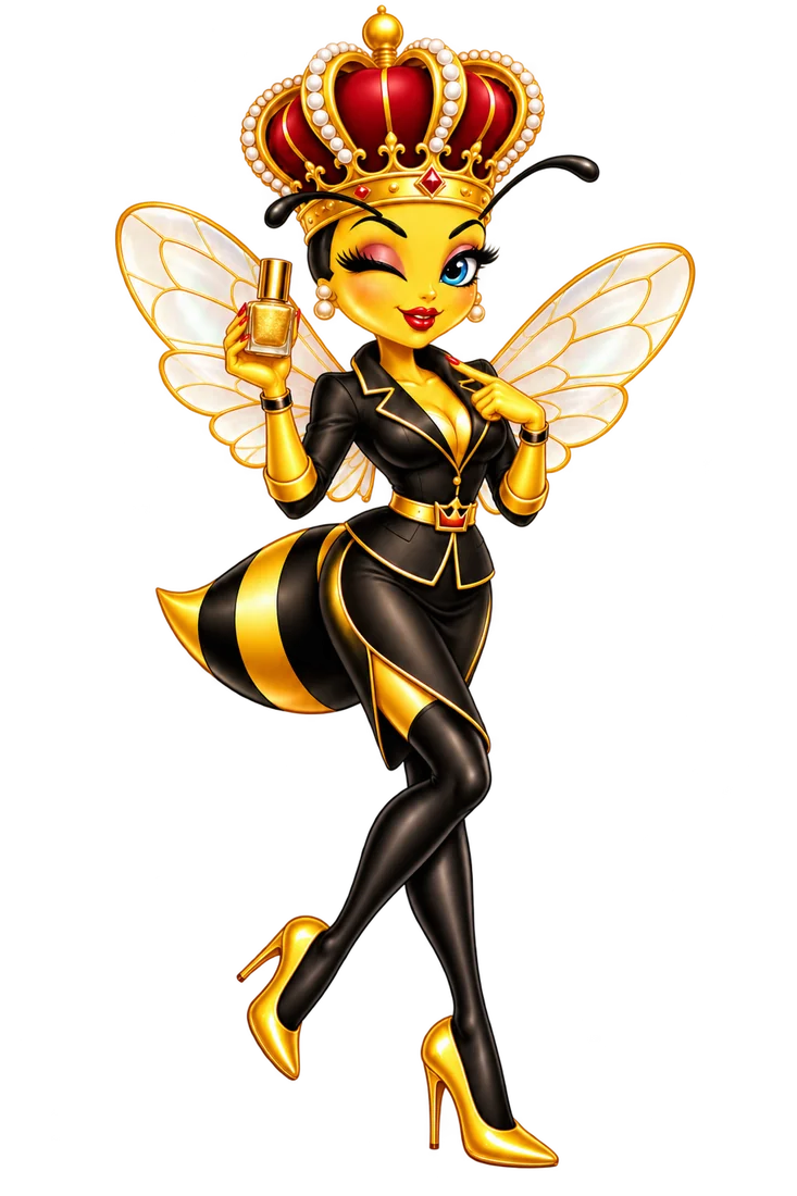 The Beauty Bees queen bee holding a bottle of gold polish