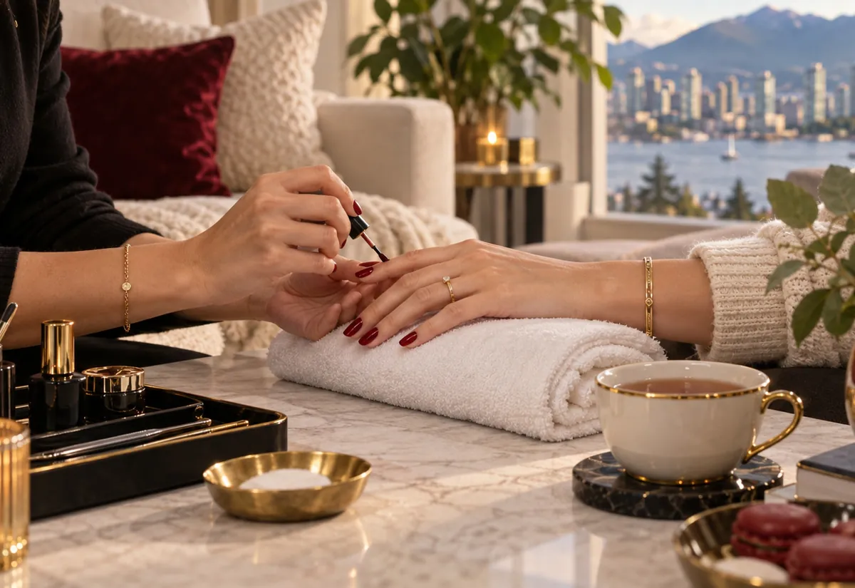 A manicure at a coffee table in a bright living room